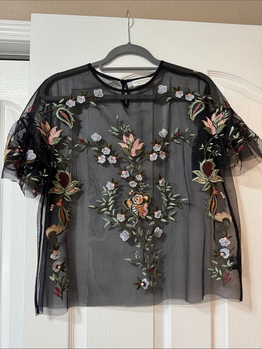 Paper Crane Black Sheer Embroidered Floral Blouse